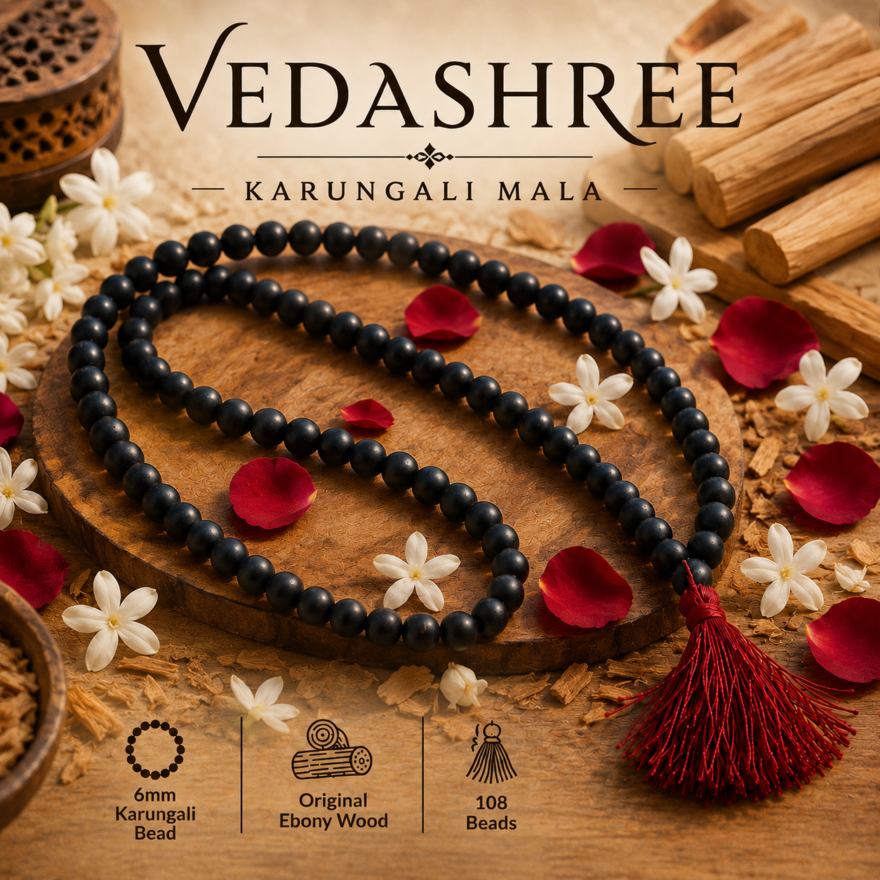 Vedashree Original Karungali Malai 108-Beads Ebony Wood with Govt. Certified