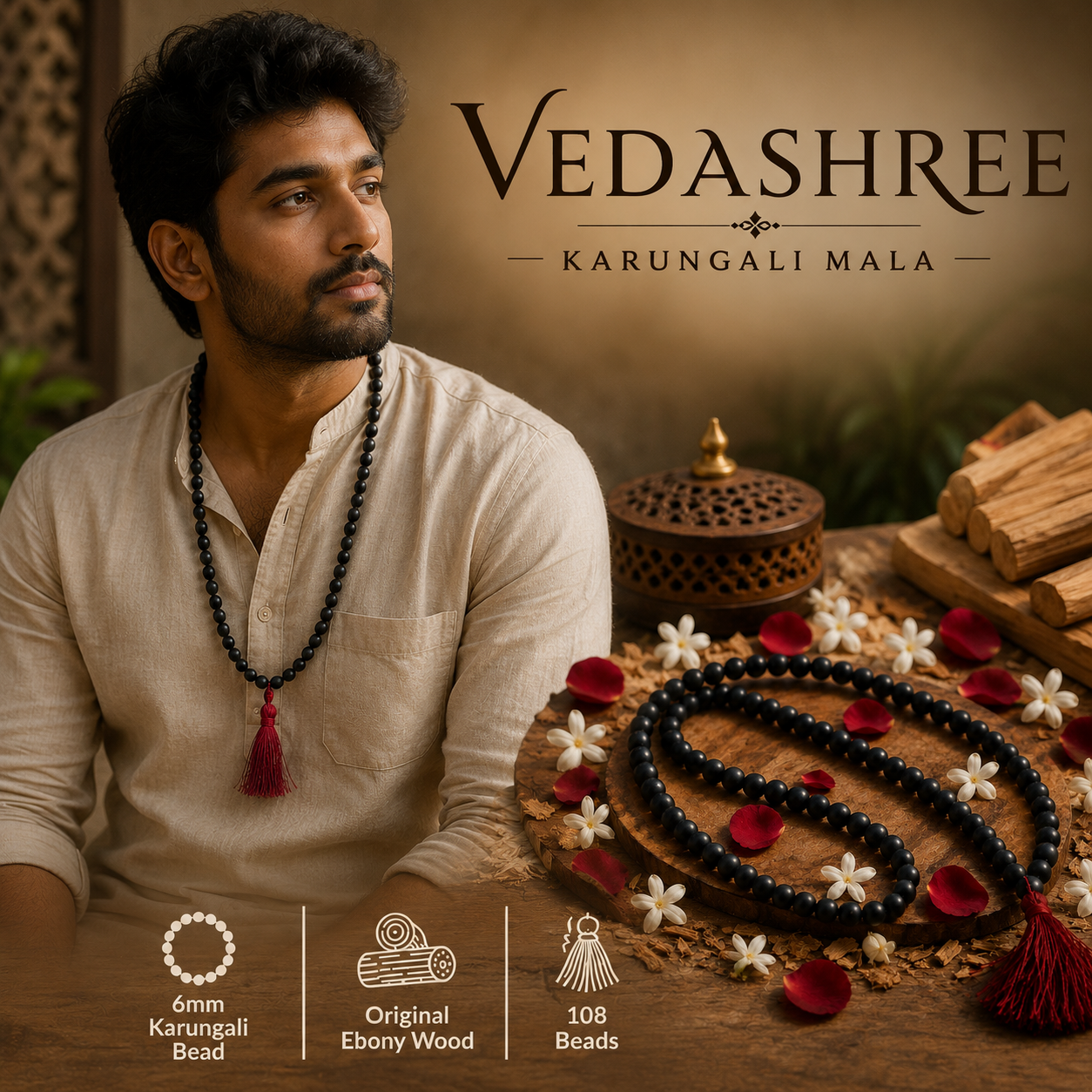 Vedashree Original Karungali Malai 108-Beads Ebony Wood with Govt. Certified