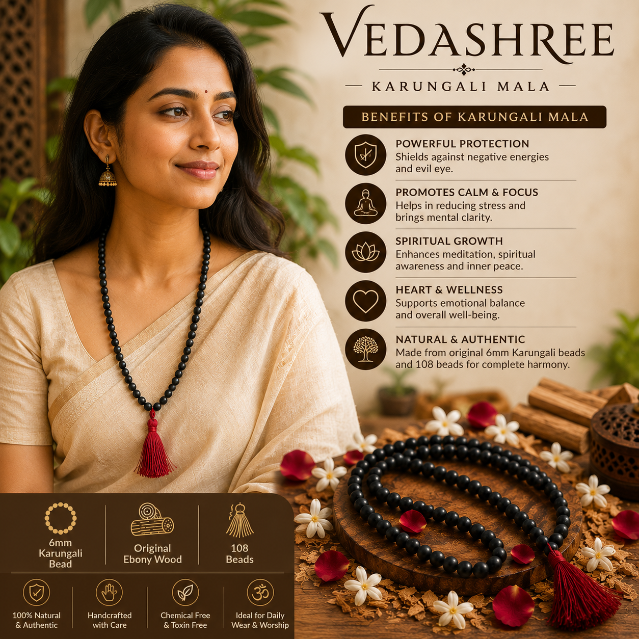 Vedashree Original Karungali Malai 108-Beads Ebony Wood with Govt. Certified