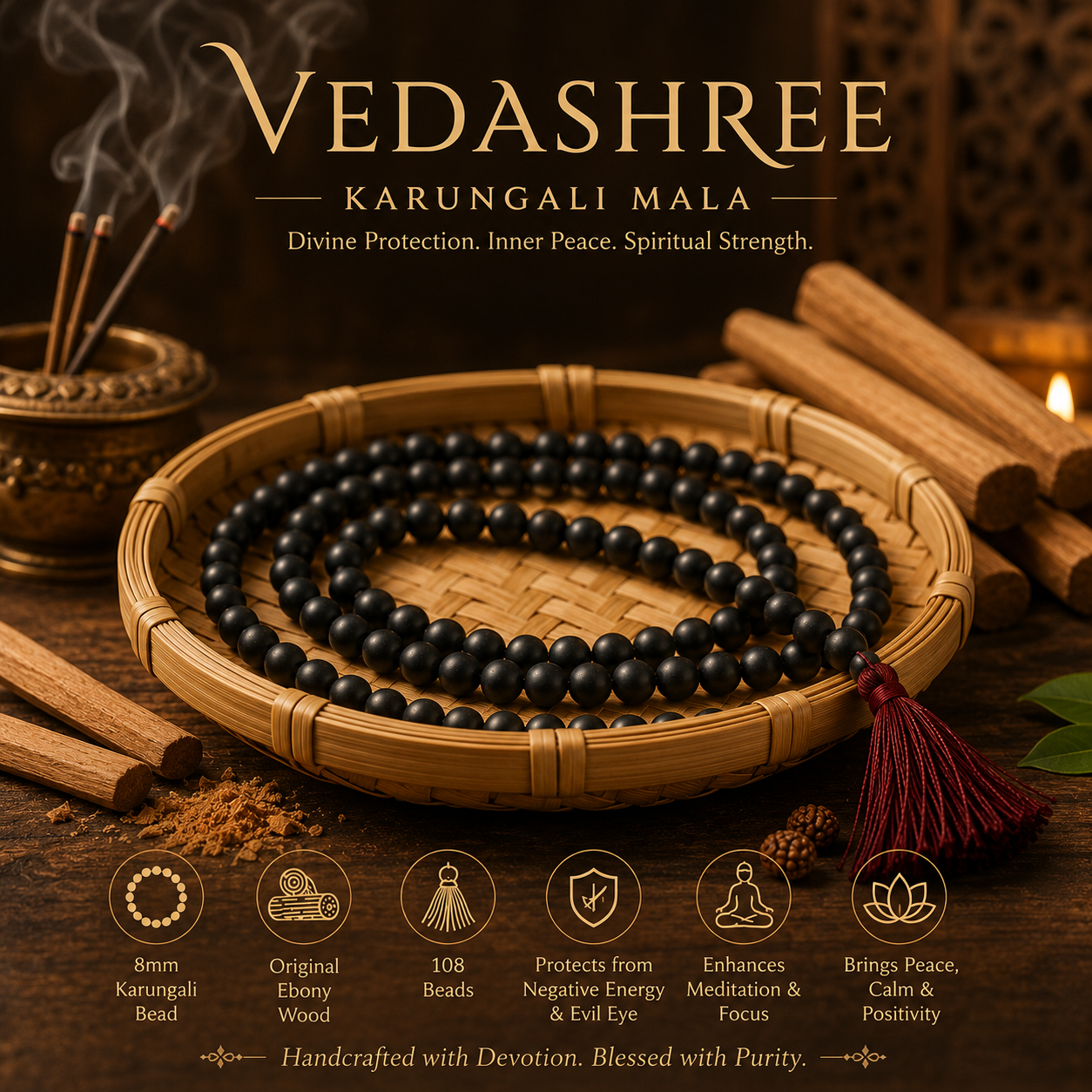Vedashree Original Karungali Malai 108-Beads Ebony Wood with Govt. Certified